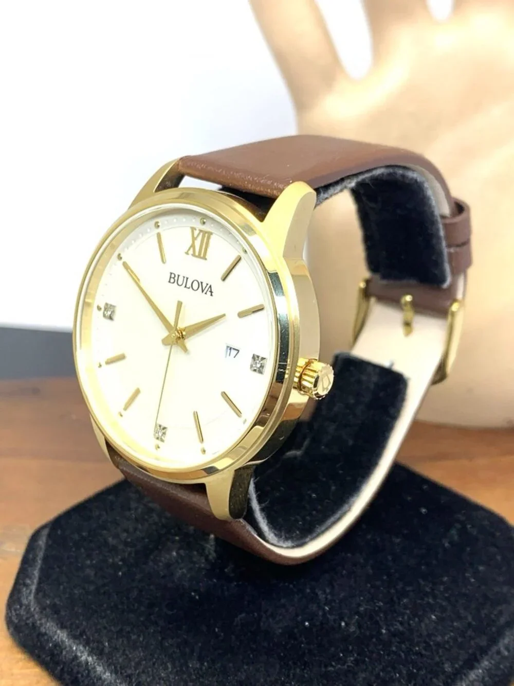 Bulova Men's Watch 97D125 Quartz Diamond Accent Gold Steel Brown Leather 41mm